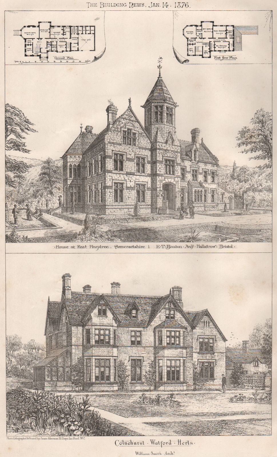 House at East Harptree, Somerset; Colnehurst, Watford, Herts 1876 old print